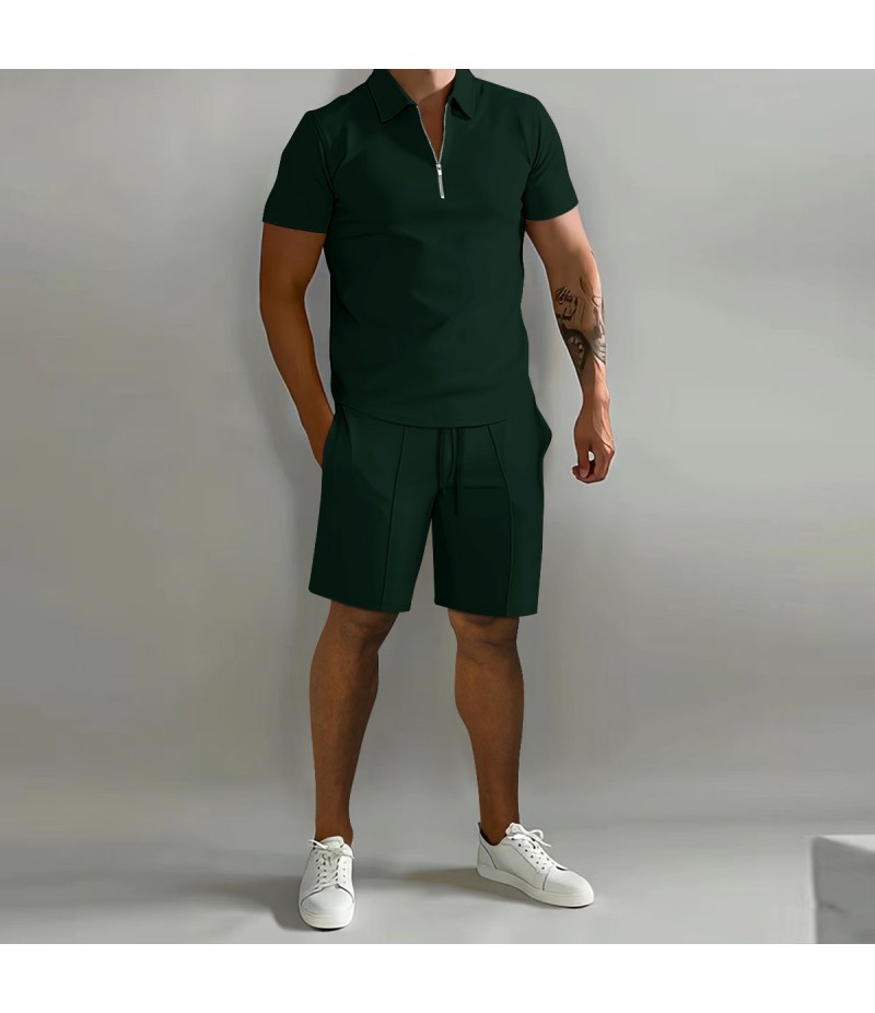 Men Fashion Casual Basic Solid Color Short Sleeve Lapel Zipper Polo Shirt Shorts Set