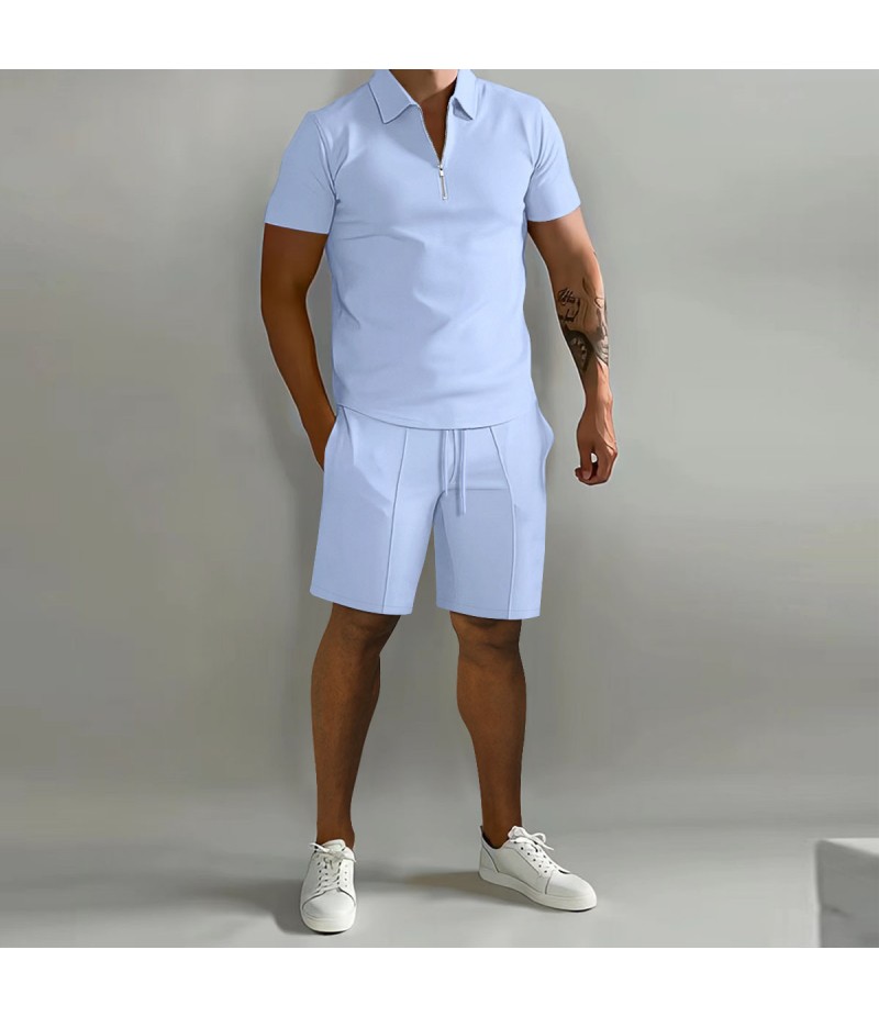 Men Fashion Casual Basic Solid Color Short Sleeve Lapel Zipper Polo Shirt Shorts Set