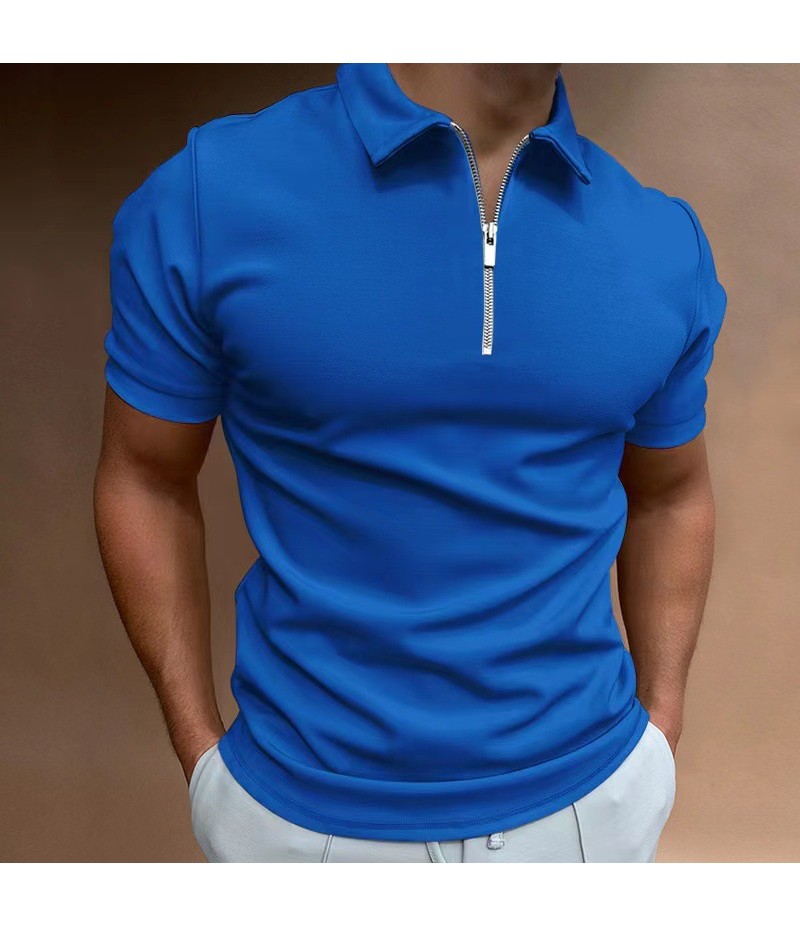 Men Fashion Casual Basic Solid Color Short Sleeve Lapel Zipper Polo Shirt Shorts Set