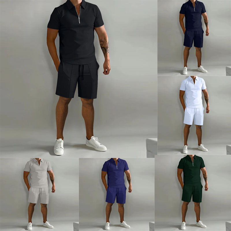 Men Fashion Casual Basic Solid Color Short Sleeve Lapel Zipper Polo Shirt Shorts Set