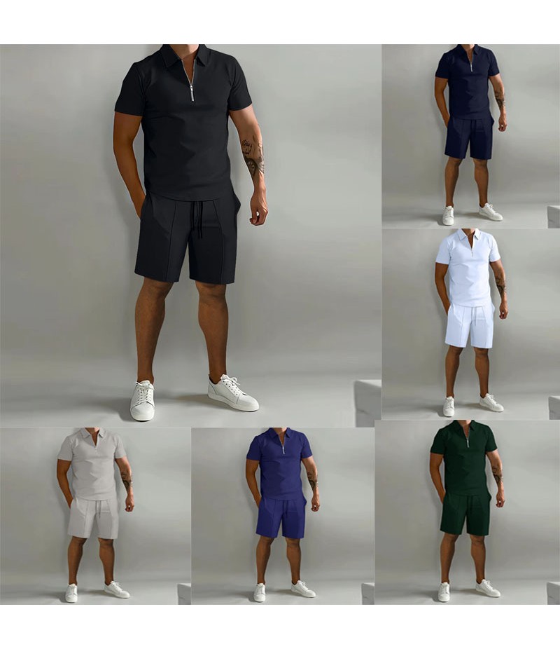 Men Fashion Casual Basic Solid Color Short Sleeve Lapel Zipper Polo Shirt Shorts Set