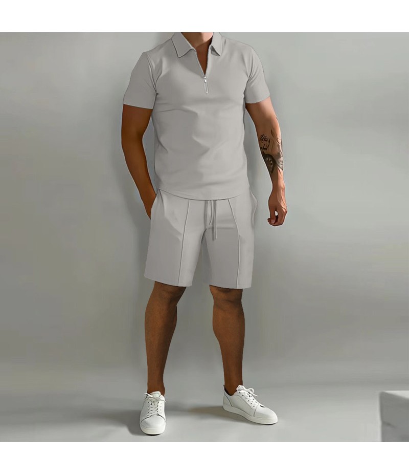 Men Fashion Casual Basic Solid Color Short Sleeve Lapel Zipper Polo Shirt Shorts Set