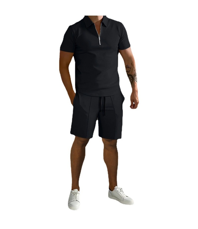 Men Fashion Casual Basic Solid Color Short Sleeve Lapel Zipper Polo Shirt Shorts Set