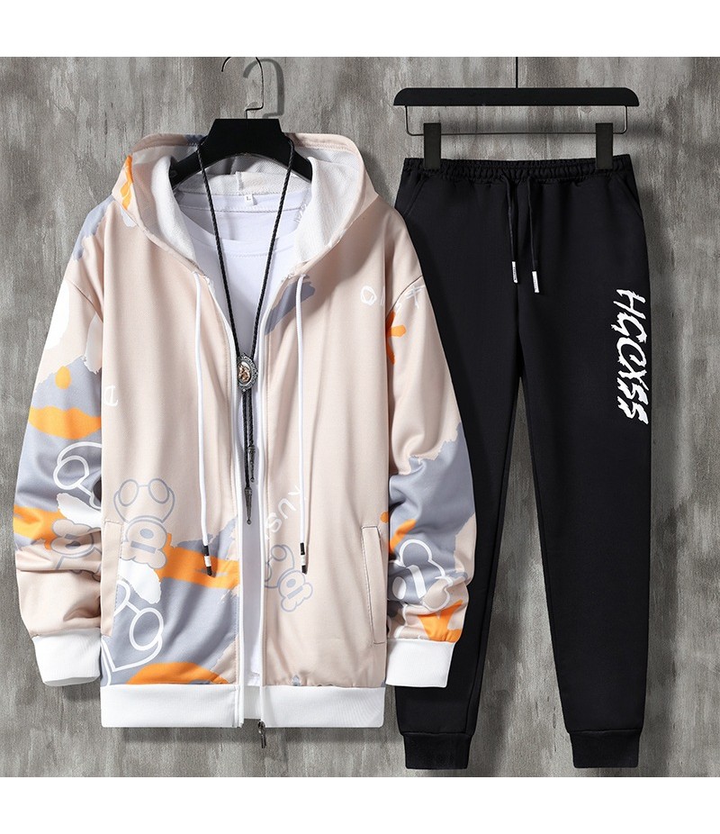 Men Fashion Casual Cartoon Print Long Sleeve Round Neck Hoodies Trousers Set