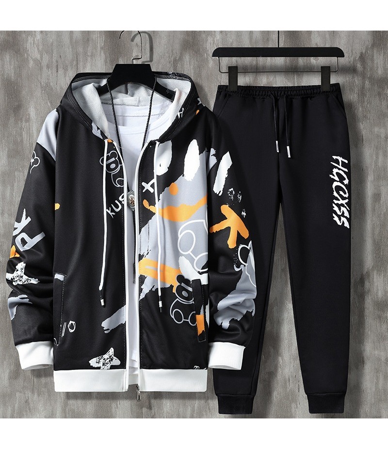 Men Fashion Casual Cartoon Print Long Sleeve Round Neck Hoodies Trousers Set