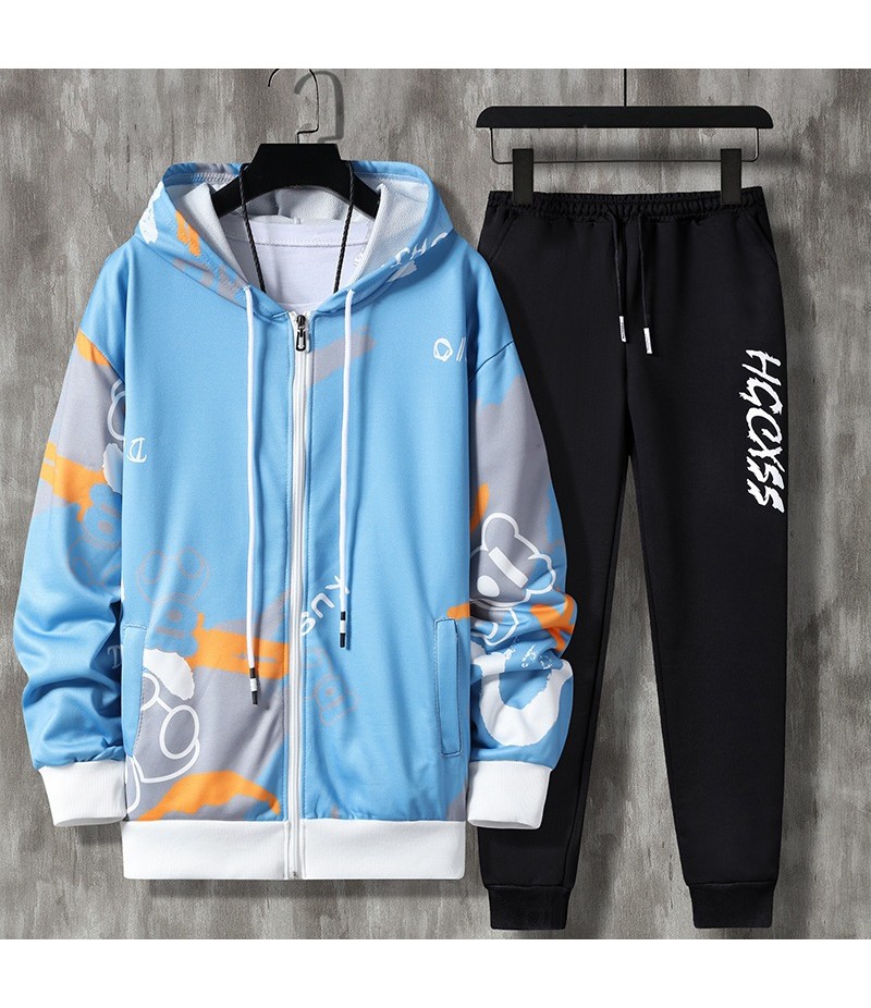 Men Fashion Casual Cartoon Print Long Sleeve Round Neck Hoodies Trousers Set