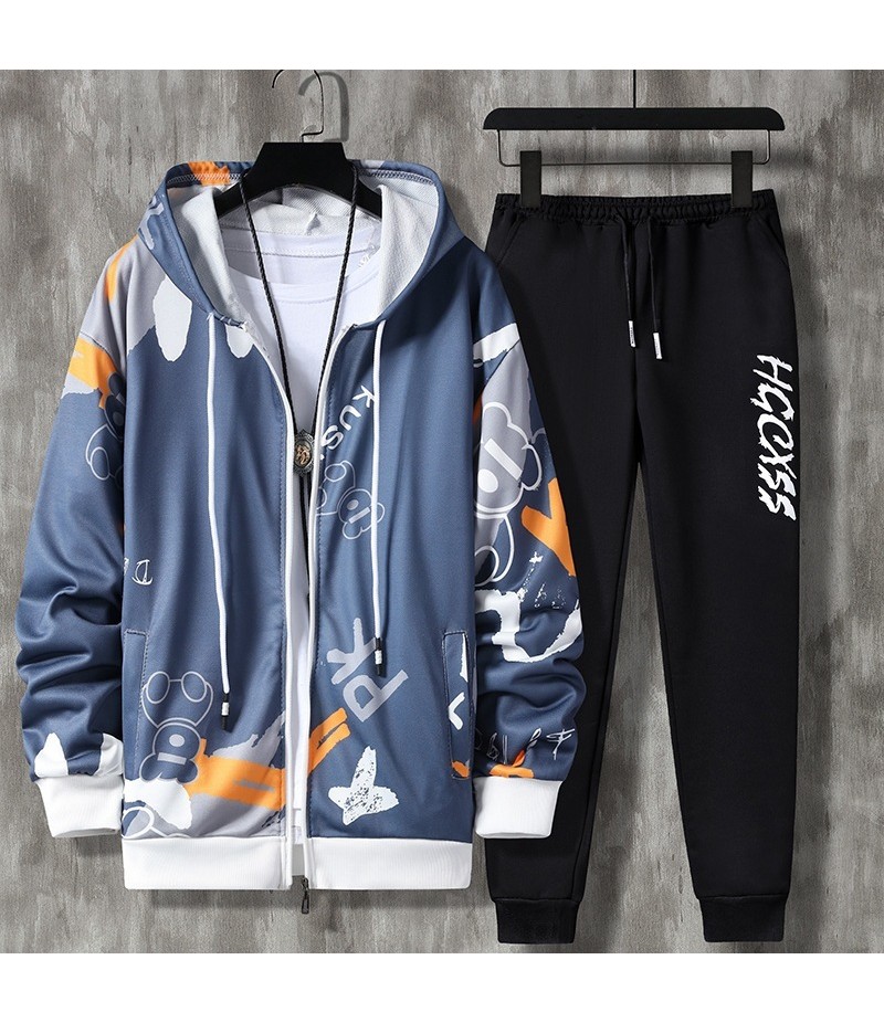 Men Fashion Casual Cartoon Print Long Sleeve Round Neck Hoodies Trousers Set