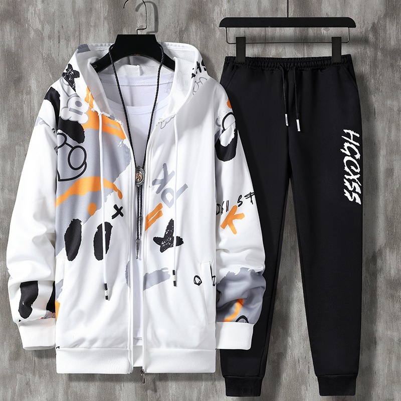 Men Fashion Casual Cartoon Print Long Sleeve Round Neck Hoodies Trousers Set