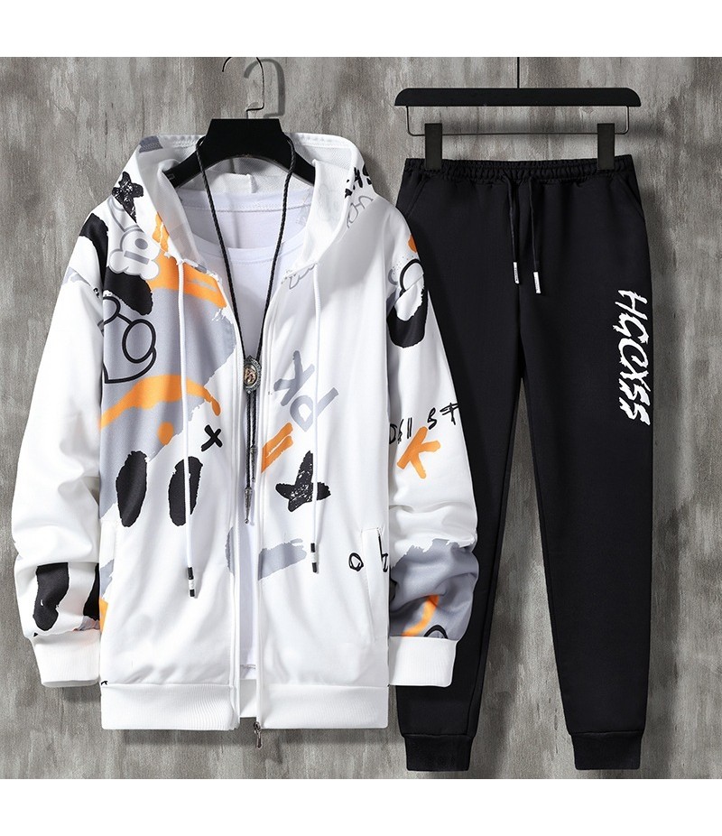 Men Fashion Casual Cartoon Print Long Sleeve Round Neck Hoodies Trousers Set