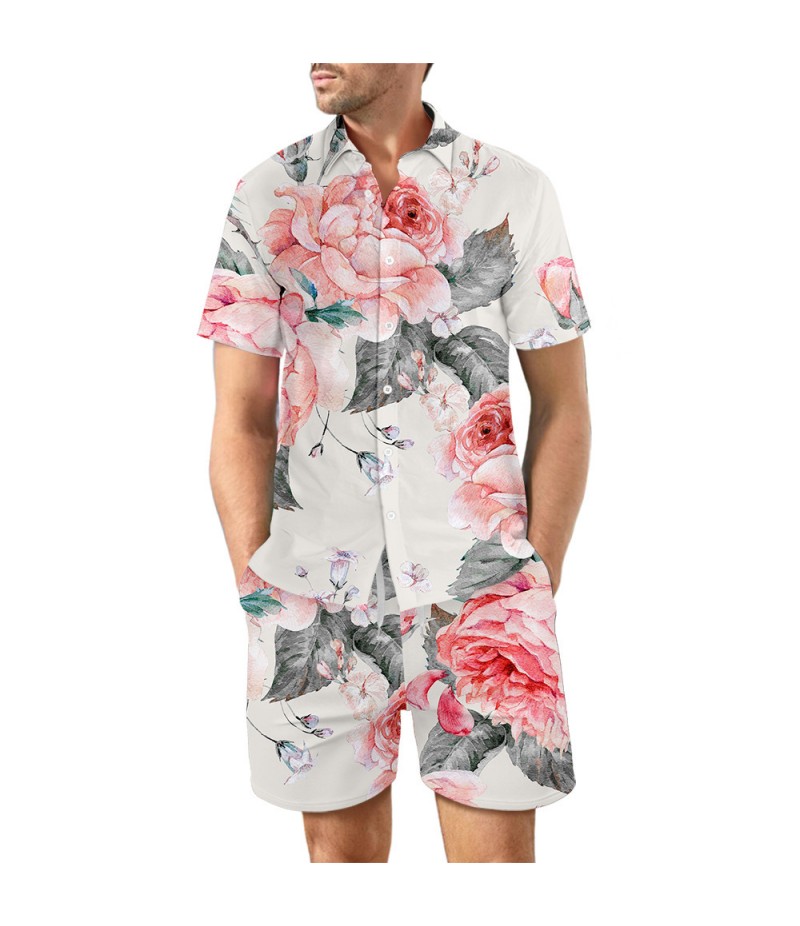 Men Vacation Casual Loose Hawaii Seaside 3d Digital Floral Leaf Print Beach Short Sleeve Shirts Shorts Set