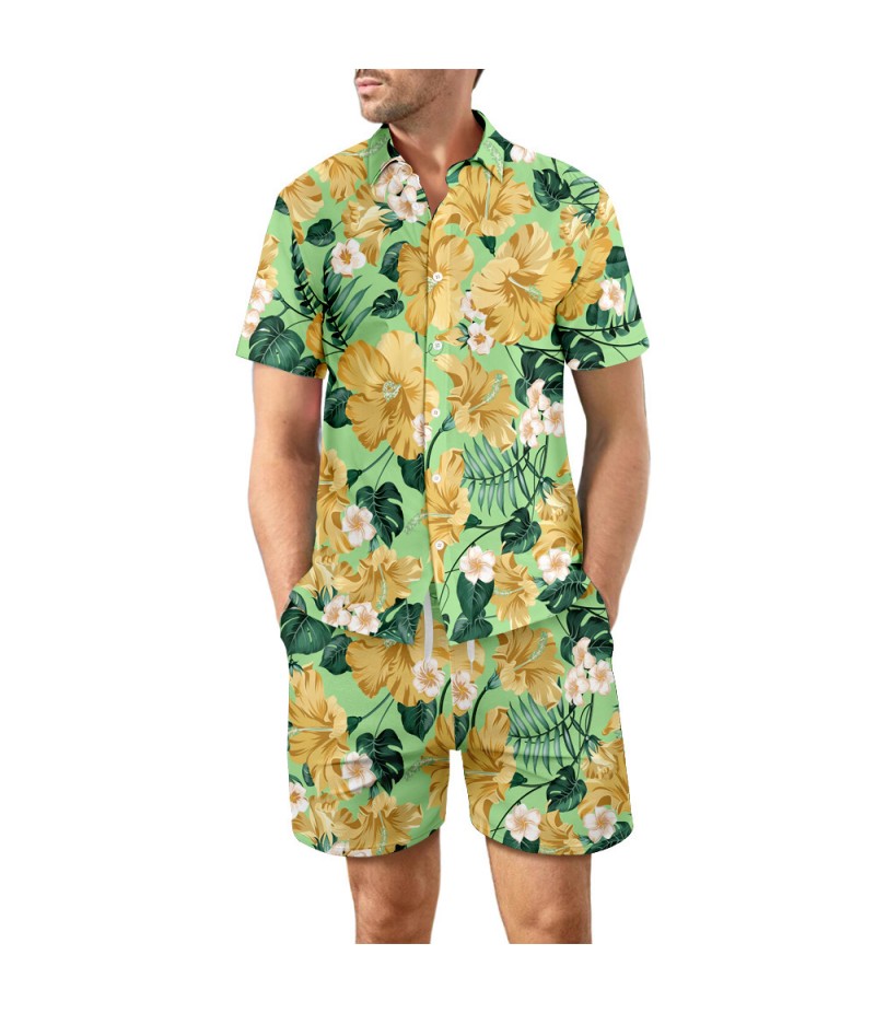 Men Vacation Casual Loose Hawaii Seaside 3d Digital Floral Leaf Print Beach Short Sleeve Shirts Shorts Set