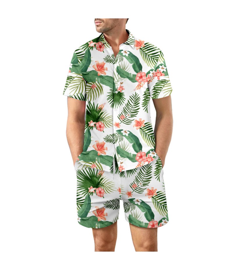 Men Vacation Casual Loose Hawaii Seaside 3d Digital Floral Leaf Print Beach Short Sleeve Shirts Shorts Set