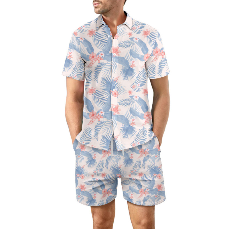 Men Vacation Casual Loose Hawaii Seaside 3d Digital Floral Leaf Print Beach Short Sleeve Shirts Shorts Set