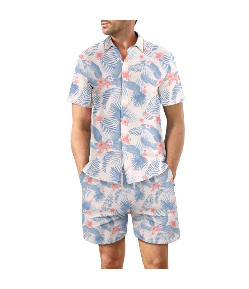 Men Vacation Casual Loose Hawaii Seaside 3d Digital Floral Leaf Print Beach Short Sleeve Shirts Shorts Set