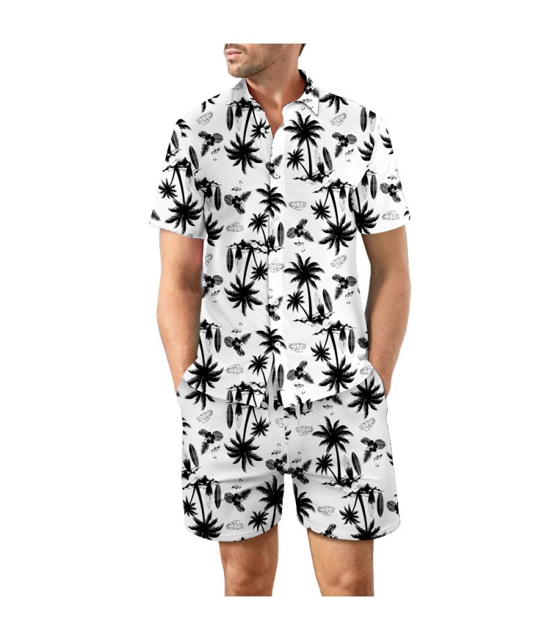 Men Vacation Casual Loose Hawaii Seaside 3d Digital Floral Leaf Print Beach Short Sleeve Shirts Shorts Set