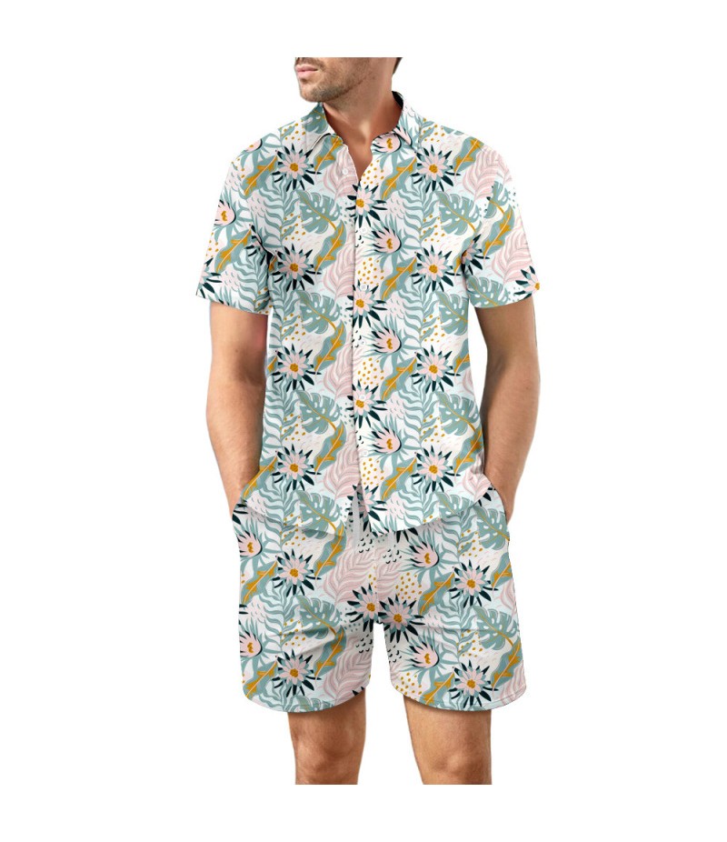 Men Vacation Casual Loose Hawaii Seaside 3d Digital Floral Leaf Print Beach Short Sleeve Shirts Shorts Set