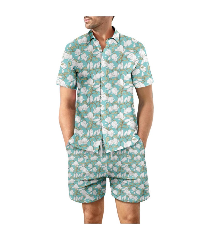 Men Vacation Casual Loose Hawaii Seaside 3d Digital Floral Leaf Print Beach Short Sleeve Shirts Shorts Set