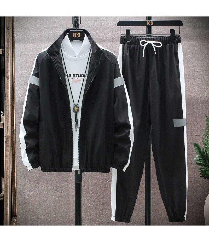 Men Casual Sport Plus Size Long Sleeve Stand Collar Zipper Coat Trousers Set