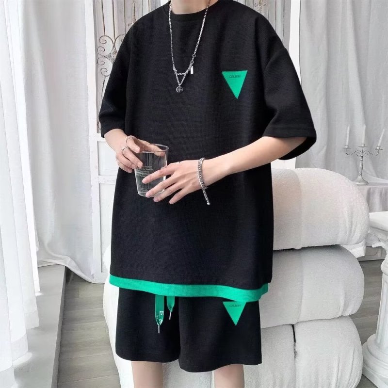 Men Casual Sports Colorblock Waffled Short Sleeve Round Neck T-Shirt Shorts Set