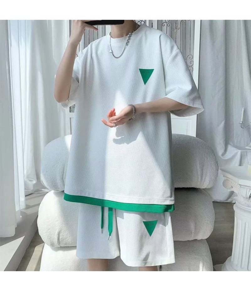 Men Casual Sports Colorblock Waffled Short Sleeve Round Neck T-Shirt Shorts Set