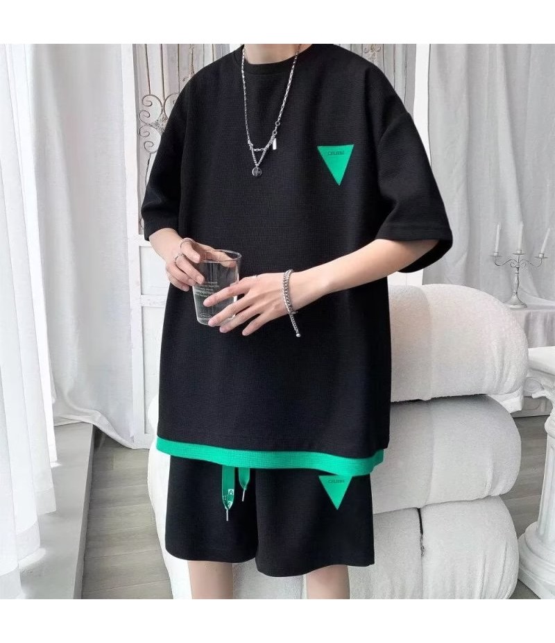 Men Casual Sports Colorblock Waffled Short Sleeve Round Neck T-Shirt Shorts Set