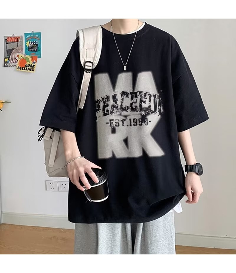 Men Fashion Casual Letter Print Plus Size Short Sleeve Round Neck T-Shirt