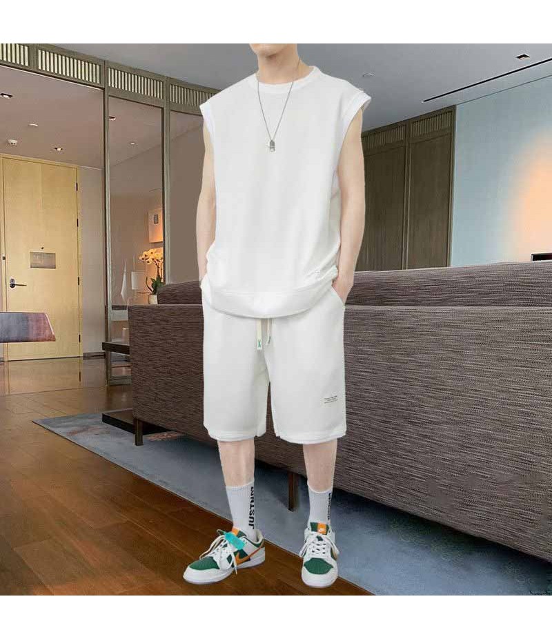 Men Fashion Casual Sport Solid Color Waffe Plus Size Sleeveless Tank Top Shorts Set