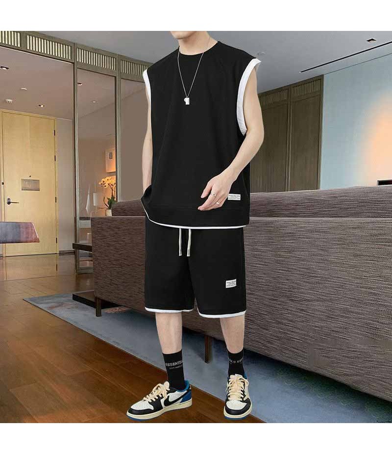 Men Fashion Casual Sport Solid Color Waffe Plus Size Sleeveless Tank Top Shorts Set