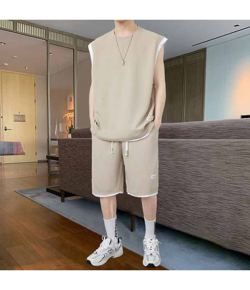 Men Fashion Casual Sport Solid Color Waffe Plus Size Sleeveless Tank Top Shorts Set