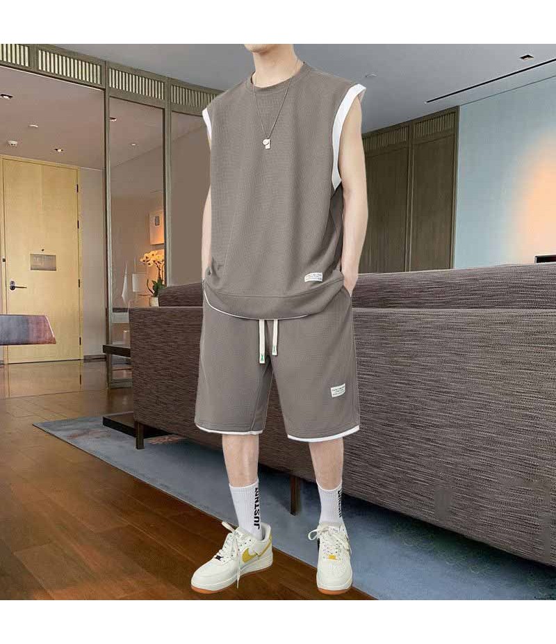 Men Fashion Casual Sport Solid Color Waffe Plus Size Sleeveless Tank Top Shorts Set