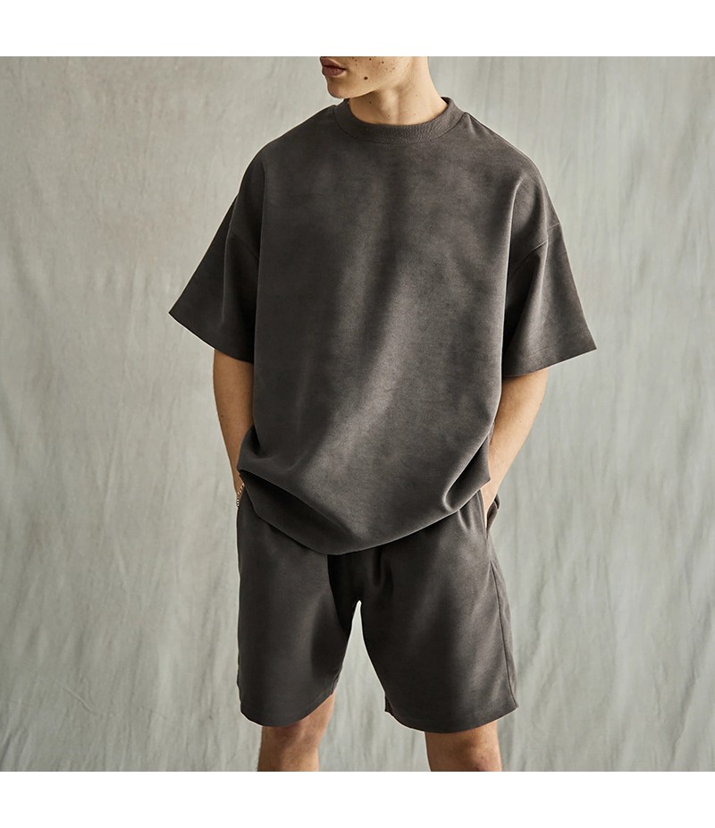 Men Summer Fashion Casual Solid Color Loose Short Sleeve Round Neck T-Shirt Shorts Set