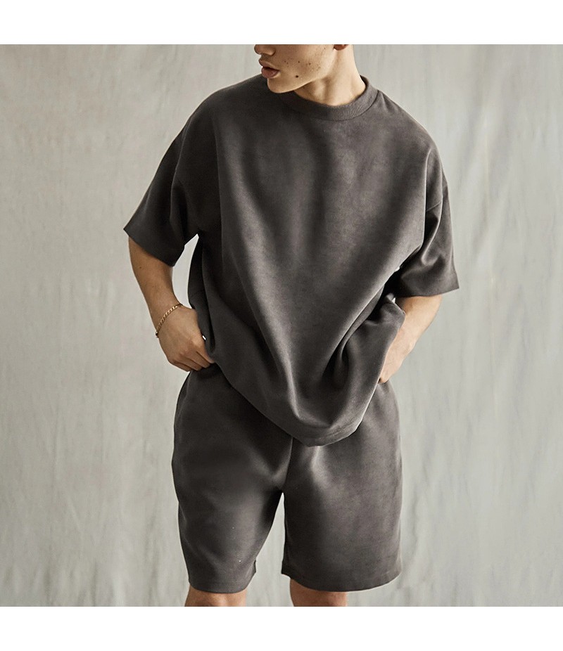 Men Summer Fashion Casual Solid Color Loose Short Sleeve Round Neck T-Shirt Shorts Set