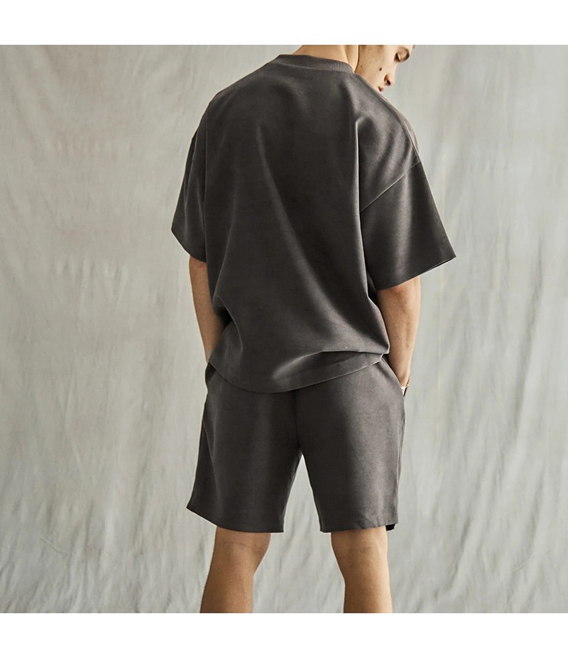 Men Summer Fashion Casual Solid Color Loose Short Sleeve Round Neck T-Shirt Shorts Set