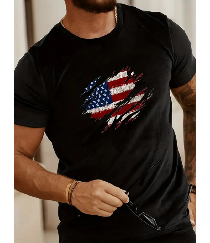 Men Fashion Casual Independence Day Print Plus Size Short Sleeve T-Shirt