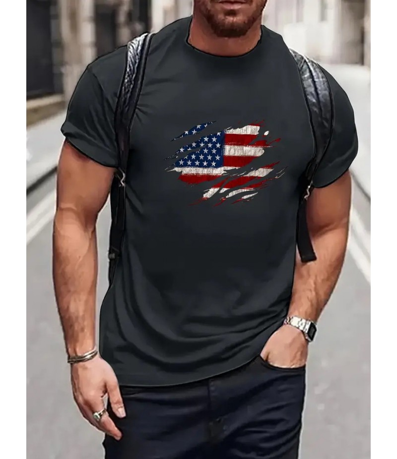 Men Fashion Casual Independence Day Print Plus Size Short Sleeve T-Shirt