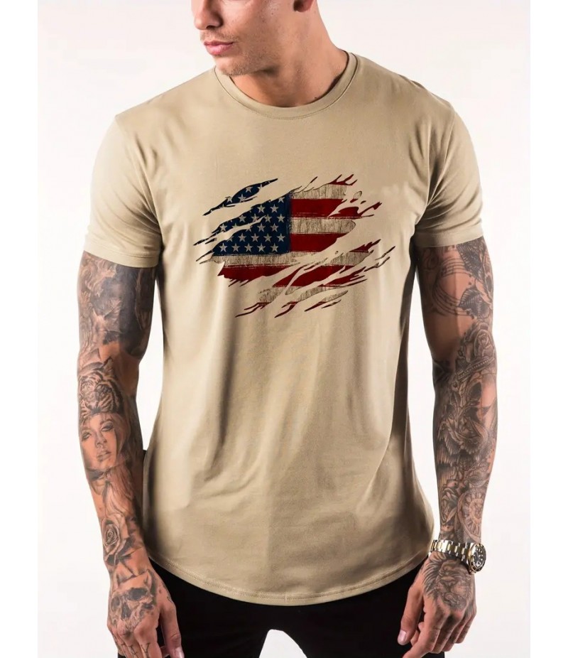 Men Fashion Casual Independence Day Print Plus Size Short Sleeve T-Shirt