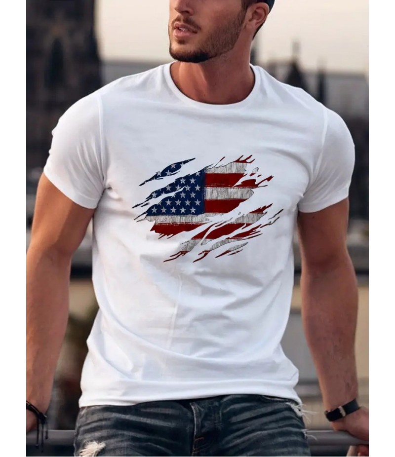 Men Fashion Casual Independence Day Print Plus Size Short Sleeve T-Shirt