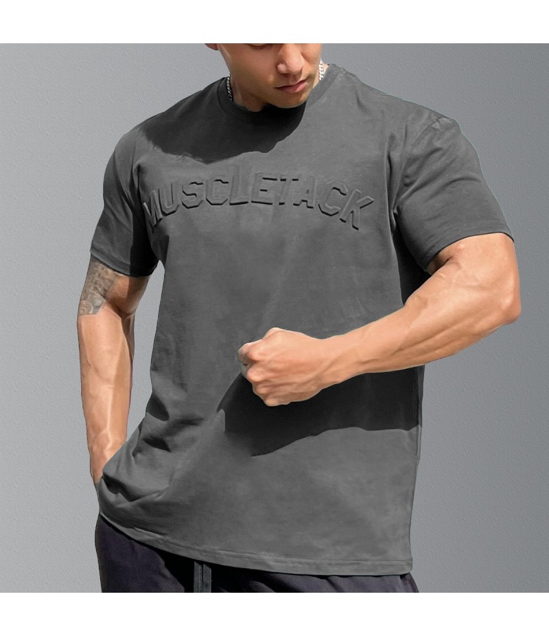 Men Fashion Casual Basic Solid Color Alphabet Short Sleeve Round Neck T-Shirt