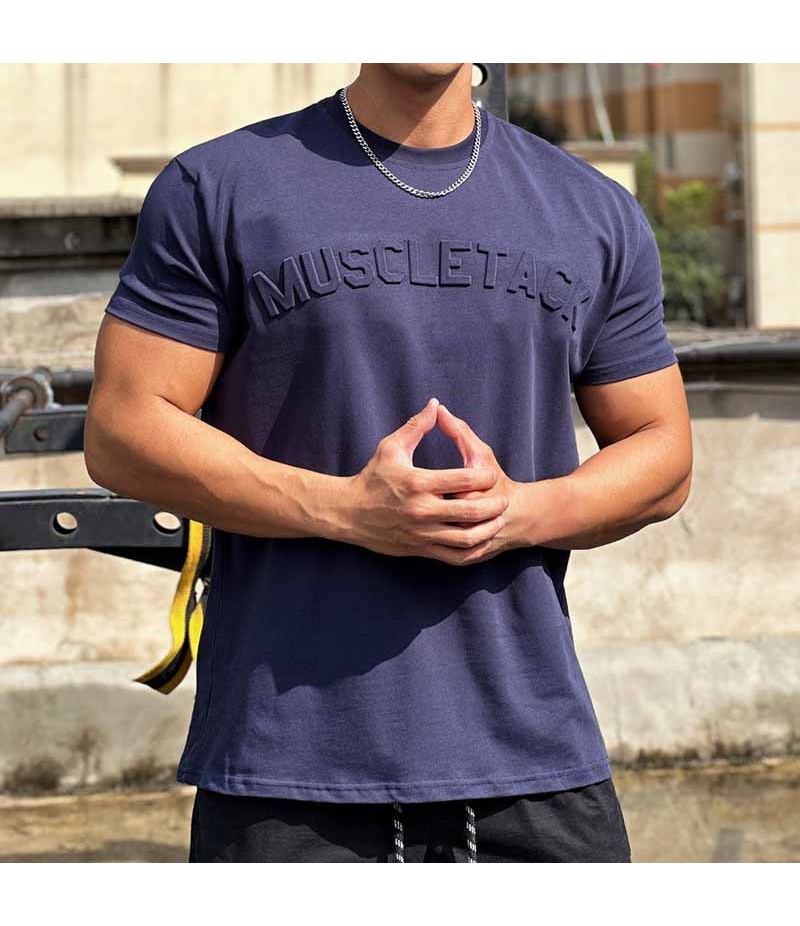 Men Fashion Casual Basic Solid Color Alphabet Short Sleeve Round Neck T-Shirt