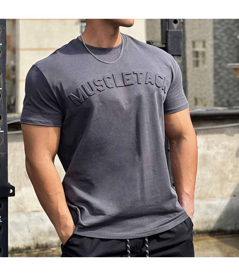 Men Fashion Casual Basic Solid Color Alphabet Short Sleeve Round Neck T-Shirt