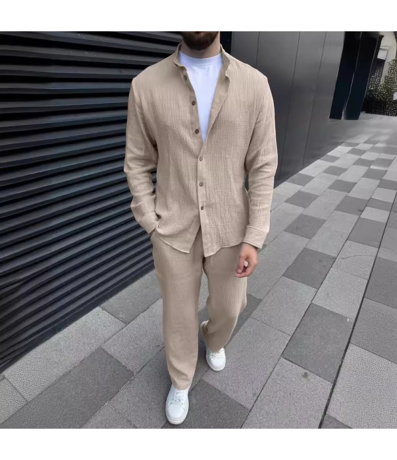 Men Fashion Casual Solid Color Long Sleeve Stand Collar Shacket Pants Sets